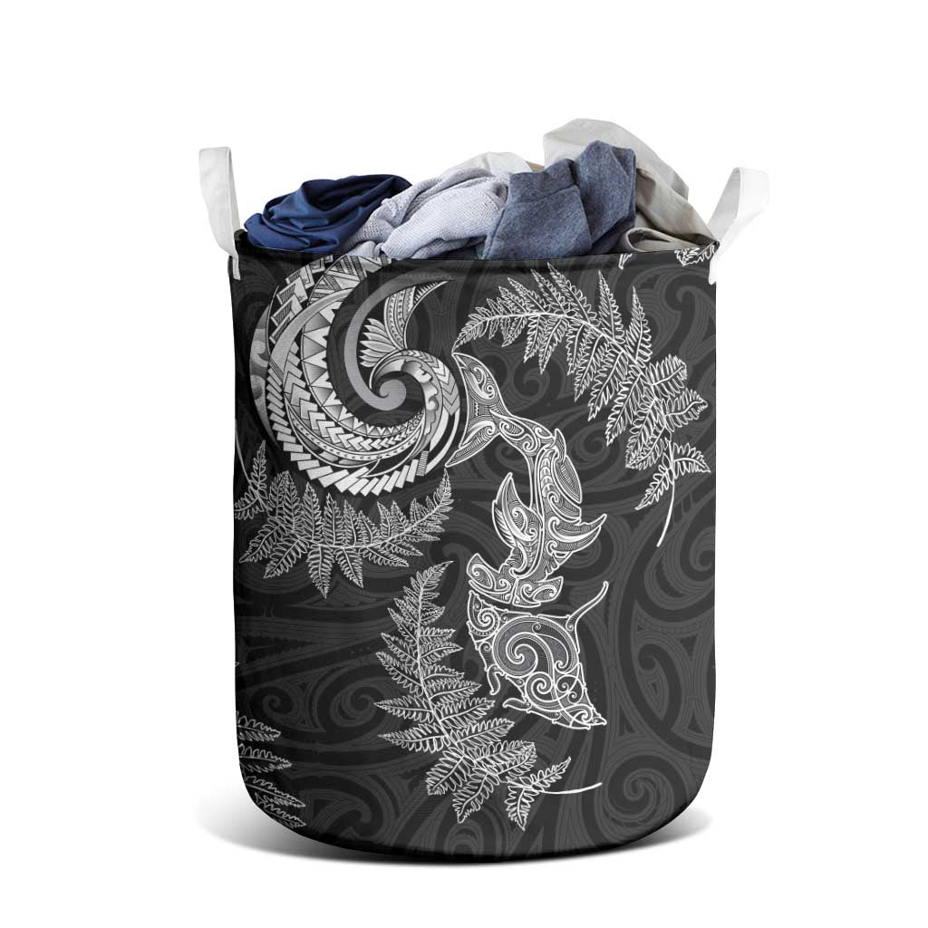 New Zealand Sea Animals with Maori Tribal Tattoo Laundry Basket Shark Manta Ray with Silver Fern Black LT03 - Polynesian Pride