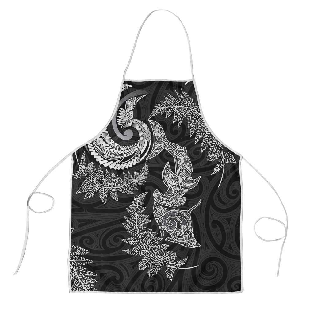 New Zealand Sea Animals with Maori Tribal Tattoo Apron Shark Manta Ray with Silver Fern Black LT03 Black - Polynesian Pride