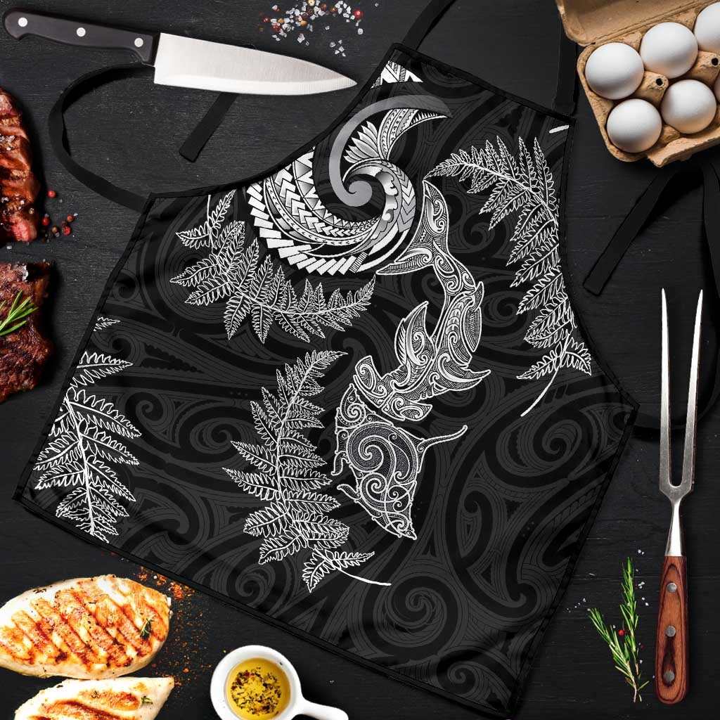 New Zealand Sea Animals with Maori Tribal Tattoo Apron Shark Manta Ray with Silver Fern Black LT03 Black - Polynesian Pride
