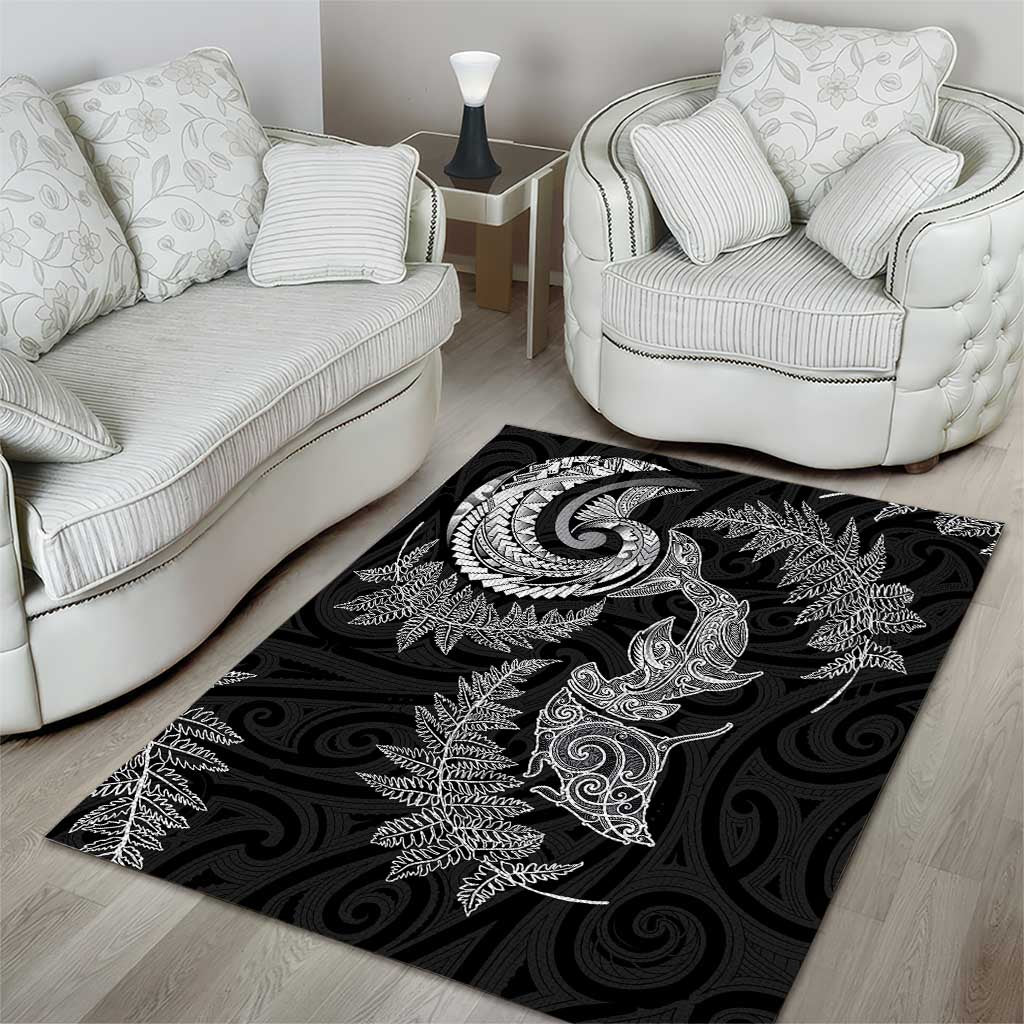 New Zealand Sea Animals with Maori Tribal Tattoo Area Rug Shark Manta Ray with Silver Fern Black LT03 - Polynesian Pride