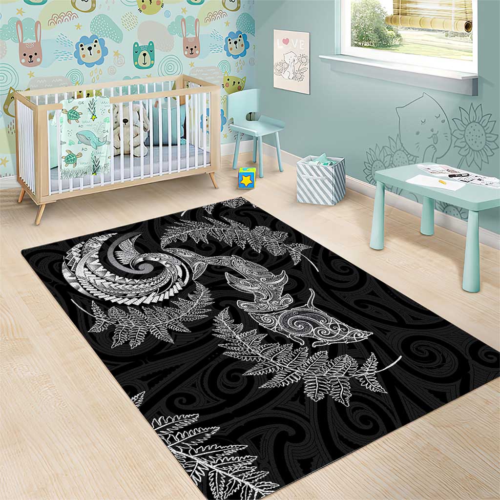 New Zealand Sea Animals with Maori Tribal Tattoo Area Rug Shark Manta Ray with Silver Fern Black LT03 - Polynesian Pride