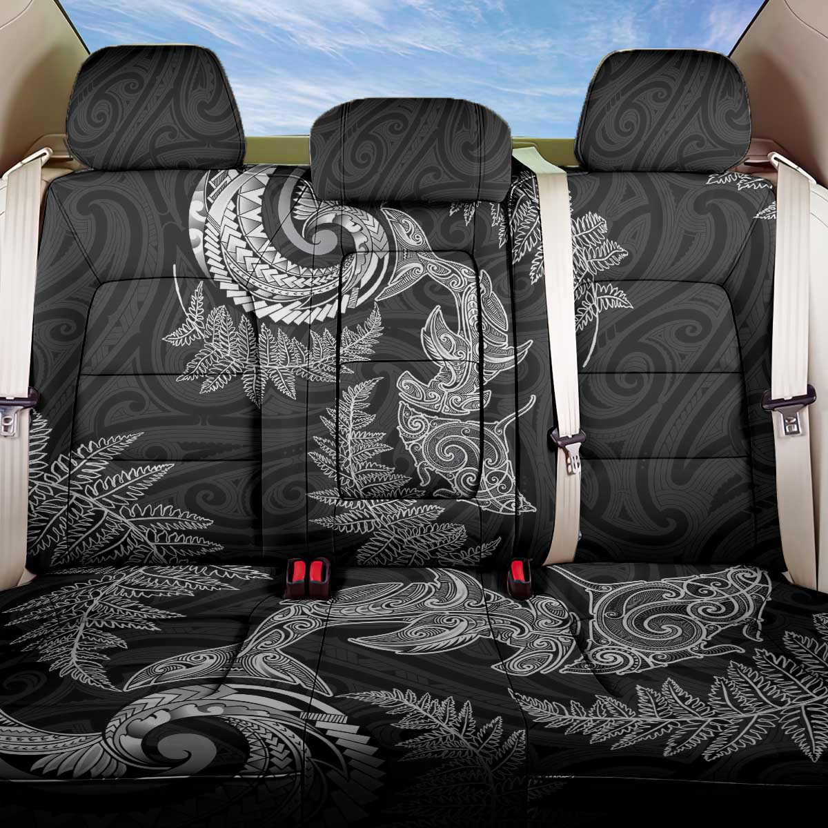 New Zealand Sea Animals with Maori Tribal Tattoo Back Car Seat Cover Shark Manta Ray with Silver Fern Black LT03 One Size Black - Polynesian Pride