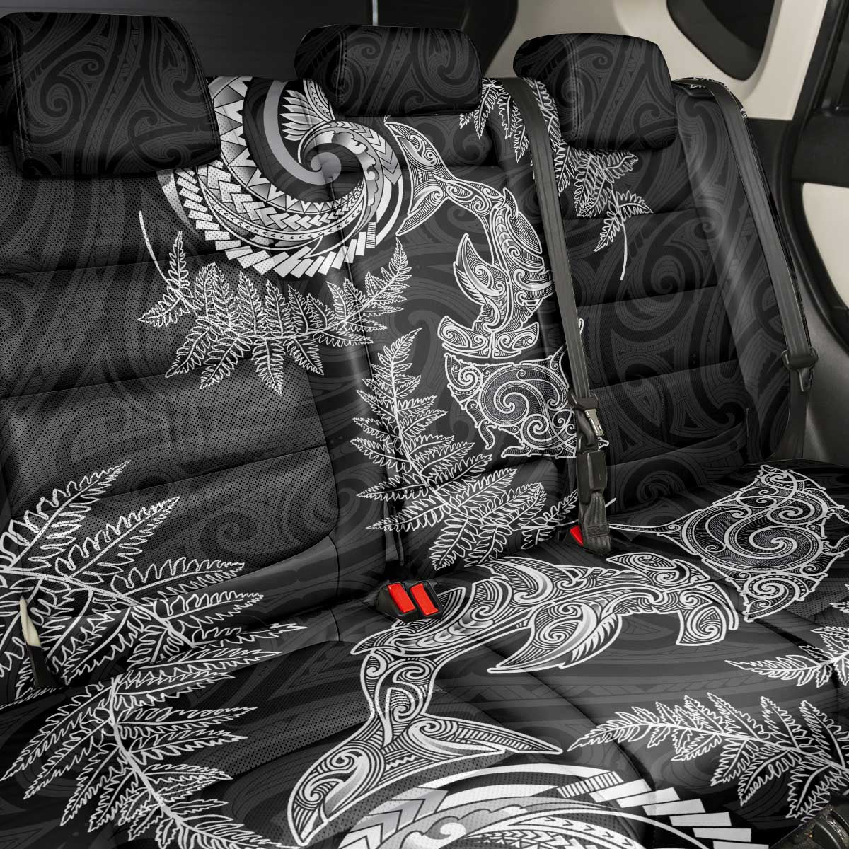 New Zealand Sea Animals with Maori Tribal Tattoo Back Car Seat Cover Shark Manta Ray with Silver Fern Black LT03 - Polynesian Pride
