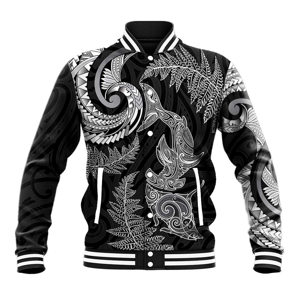 New Zealand Sea Animals with Maori Tribal Tattoo Baseball Jacket Shark Manta Ray with Silver Fern Black LT03 Unisex Black - Polynesian Pride