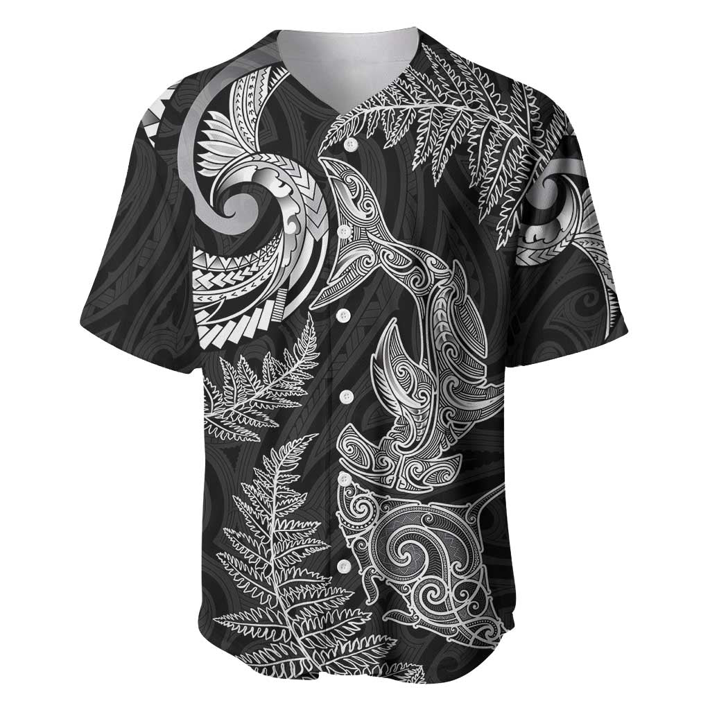 New Zealand Sea Animals with Maori Tribal Tattoo Baseball Jersey Shark Manta Ray with Silver Fern Black LT03 Black - Polynesian Pride