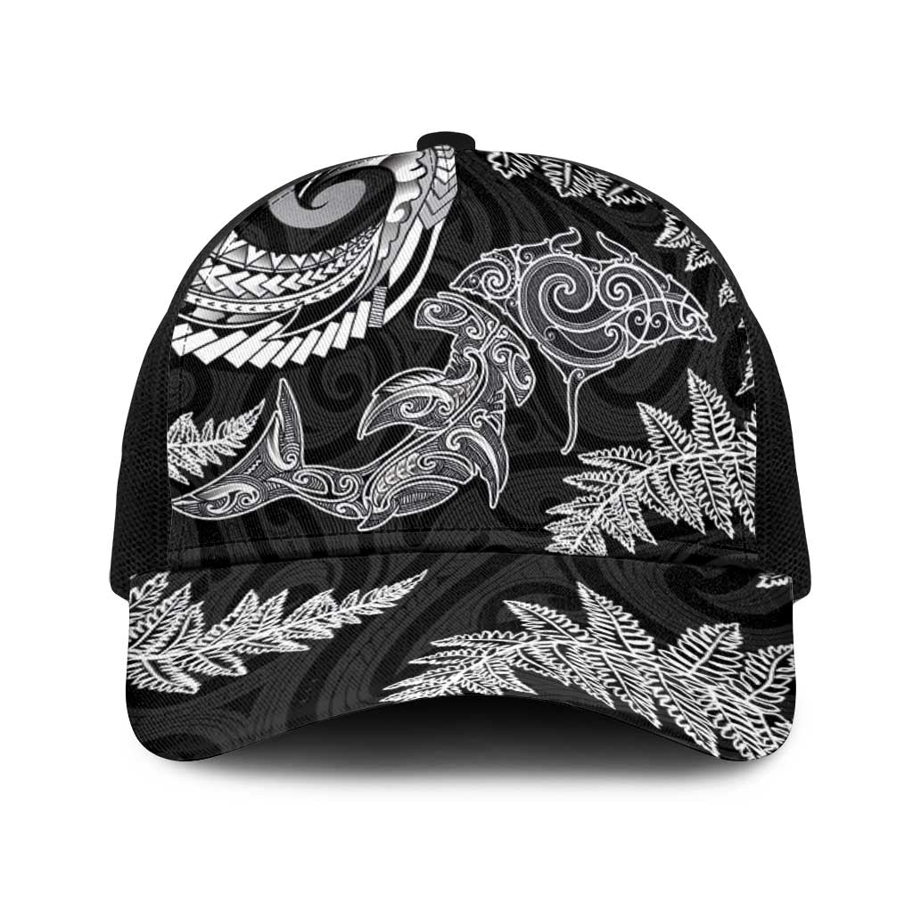 New Zealand Sea Animals with Maori Tribal Tattoo Baseball Net Cap Shark Manta Ray with Silver Fern Black LT03 One Size Black Black - Polynesian Pride