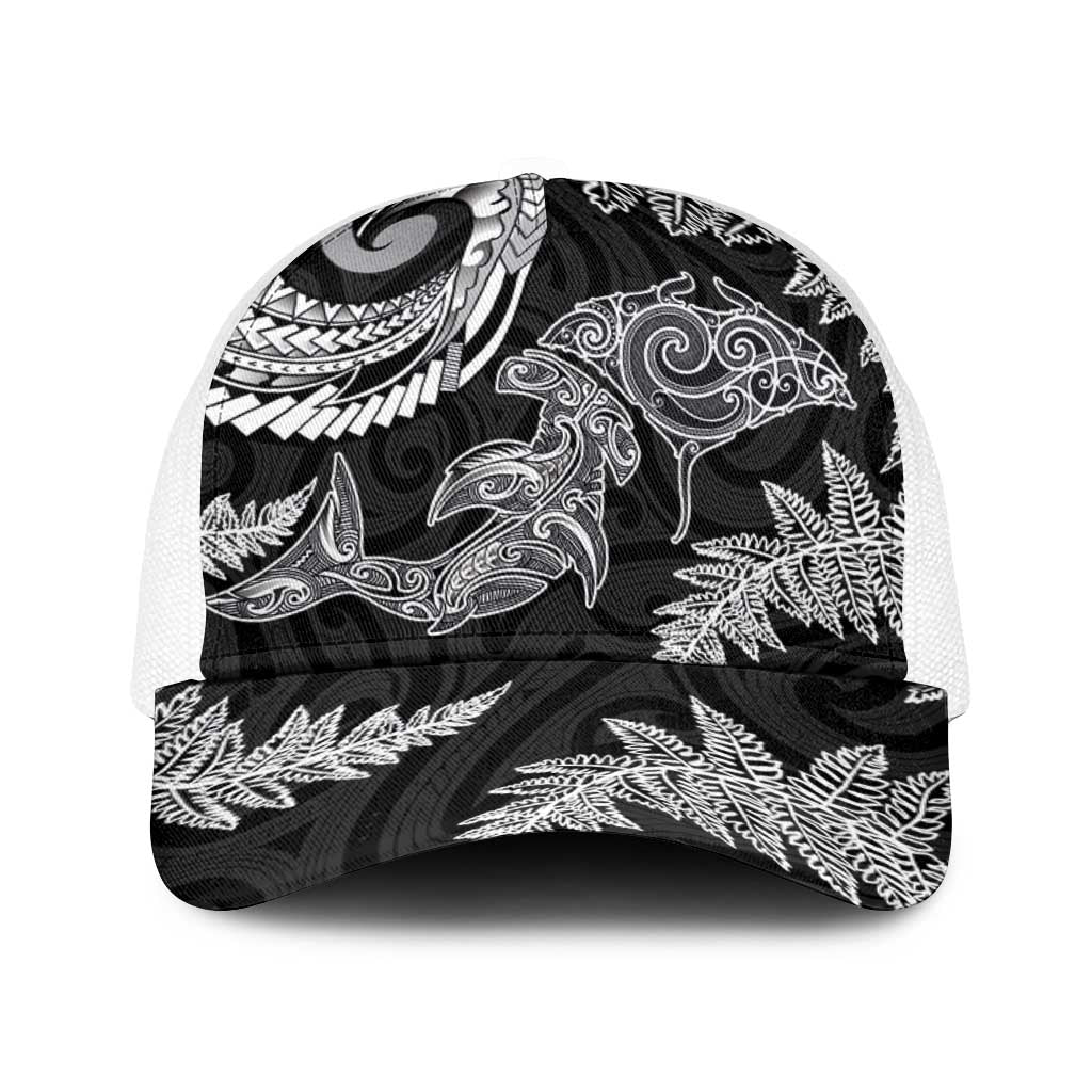 New Zealand Sea Animals with Maori Tribal Tattoo Baseball Net Cap Shark Manta Ray with Silver Fern Black LT03 One Size White Black - Polynesian Pride