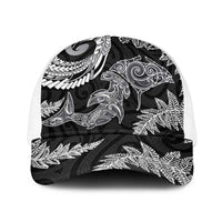 New Zealand Sea Animals with Maori Tribal Tattoo Baseball Net Cap Shark Manta Ray with Silver Fern Black LT03 One Size White Black - Polynesian Pride