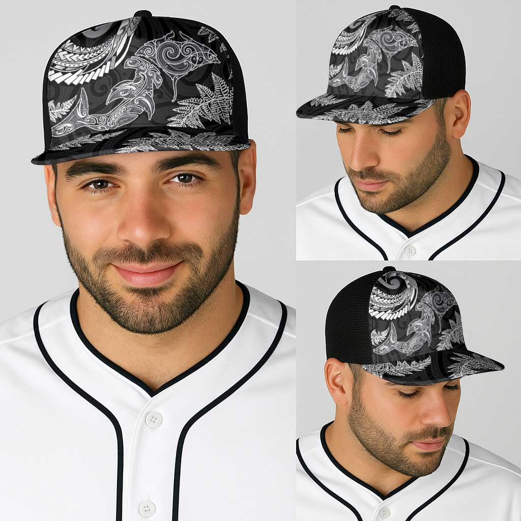 New Zealand Sea Animals with Maori Tribal Tattoo Baseball Net Cap Shark Manta Ray with Silver Fern Black LT03 - Polynesian Pride