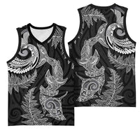 New Zealand Sea Animals with Maori Tribal Tattoo Basketball Jersey Shark Manta Ray with Silver Fern Black LT03 - Polynesian Pride