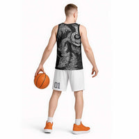 New Zealand Sea Animals with Maori Tribal Tattoo Basketball Jersey Shark Manta Ray with Silver Fern Black LT03 - Polynesian Pride