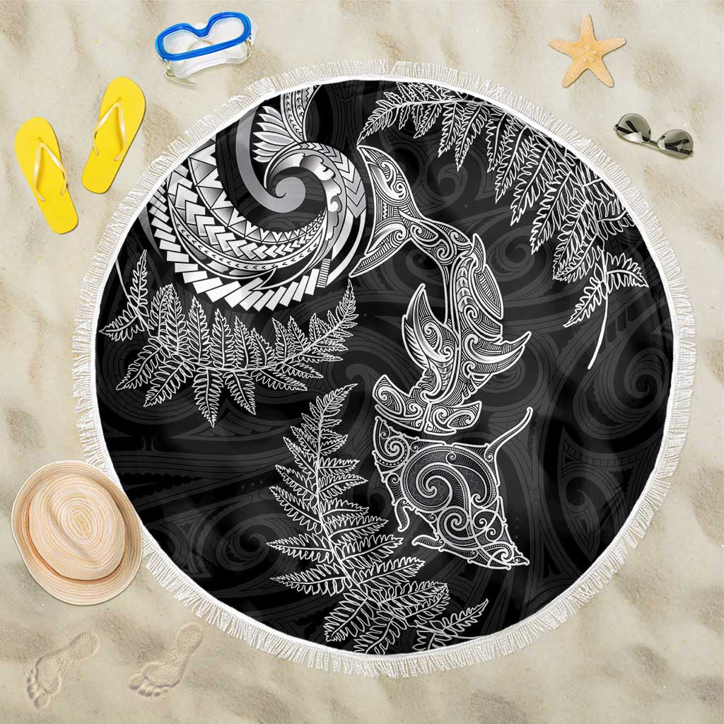 New Zealand Sea Animals with Maori Tribal Tattoo Beach Blanket Shark Manta Ray with Silver Fern Black LT03 One Size 150cm Black - Polynesian Pride