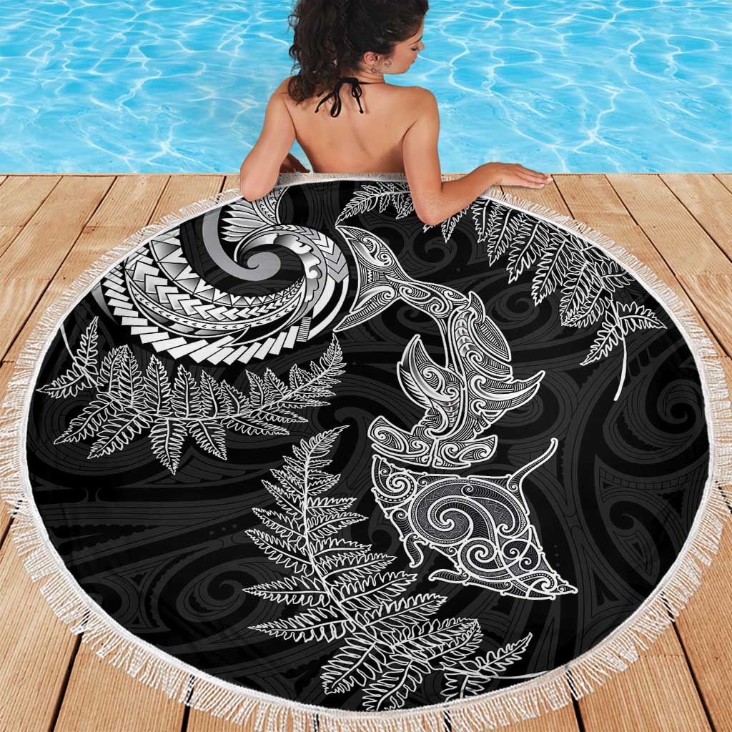 New Zealand Sea Animals with Maori Tribal Tattoo Beach Blanket Shark Manta Ray with Silver Fern Black LT03 - Polynesian Pride