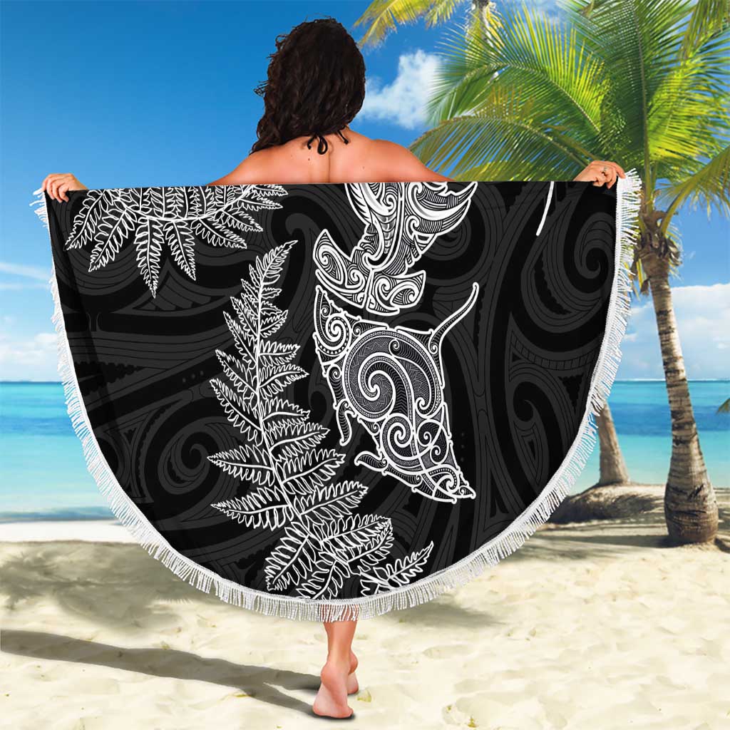 New Zealand Sea Animals with Maori Tribal Tattoo Beach Blanket Shark Manta Ray with Silver Fern Black LT03 - Polynesian Pride