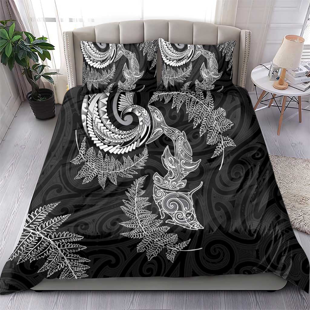 New Zealand Sea Animals with Maori Tribal Tattoo Bedding Set Shark Manta Ray with Silver Fern Black LT03 - Polynesian Pride