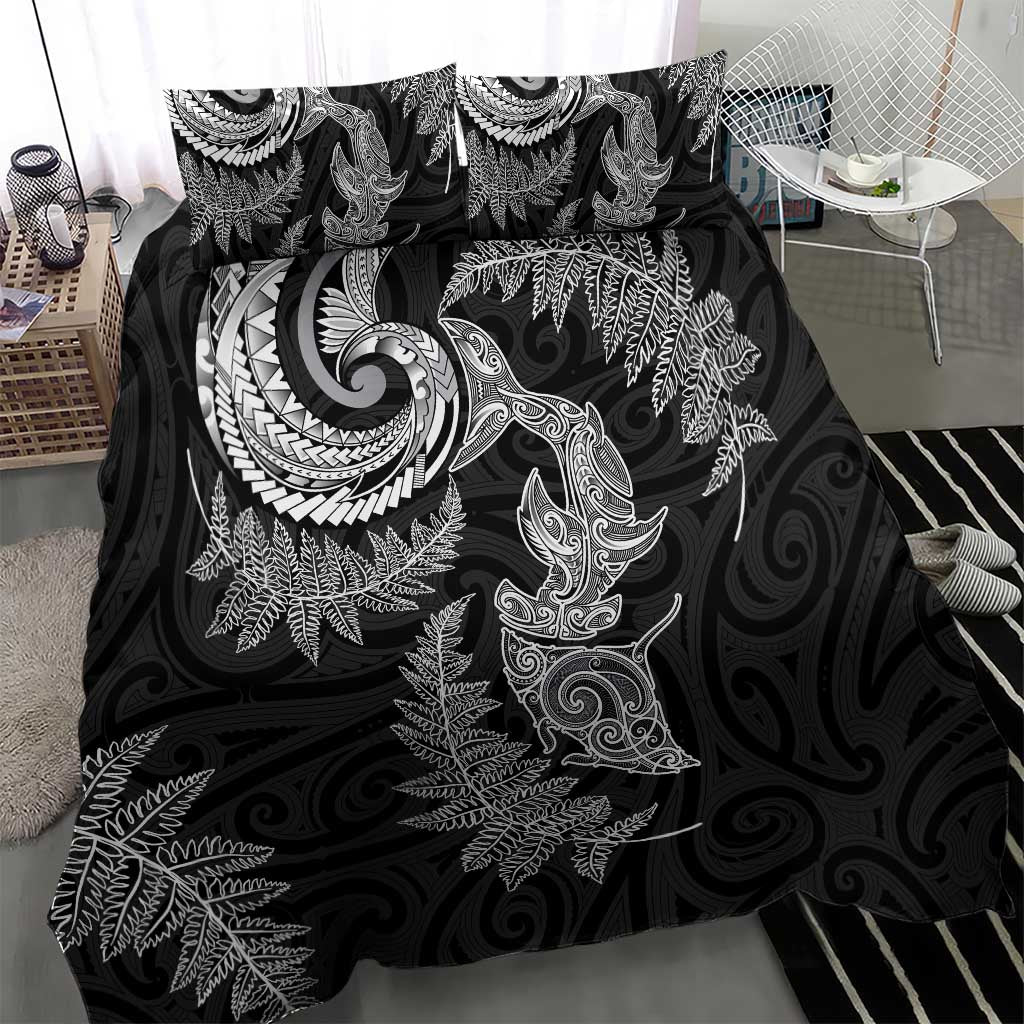 New Zealand Sea Animals with Maori Tribal Tattoo Bedding Set Shark Manta Ray with Silver Fern Black LT03 - Polynesian Pride