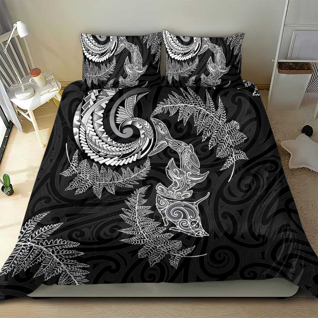 New Zealand Sea Animals with Maori Tribal Tattoo Bedding Set Shark Manta Ray with Silver Fern Black LT03 - Polynesian Pride