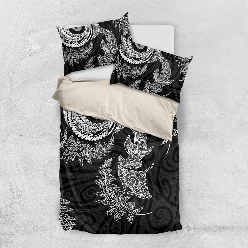 New Zealand Sea Animals with Maori Tribal Tattoo Bedding Set Shark Manta Ray with Silver Fern Black LT03 US Twin 172cm x 218cm Black - Polynesian Pride