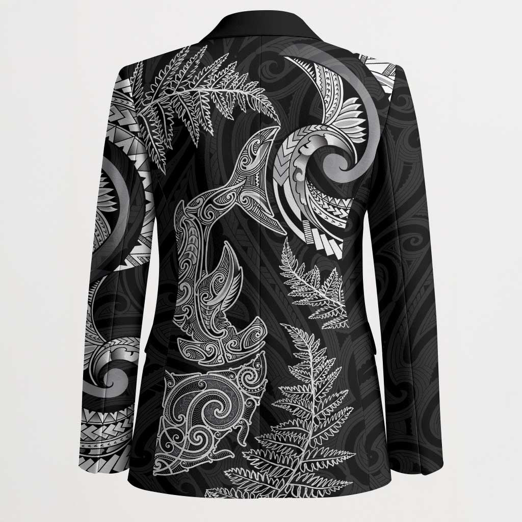 New Zealand Sea Animals with Maori Tribal Tattoo Blazer Shark Manta Ray with Silver Fern Black LT03 - Polynesian Pride