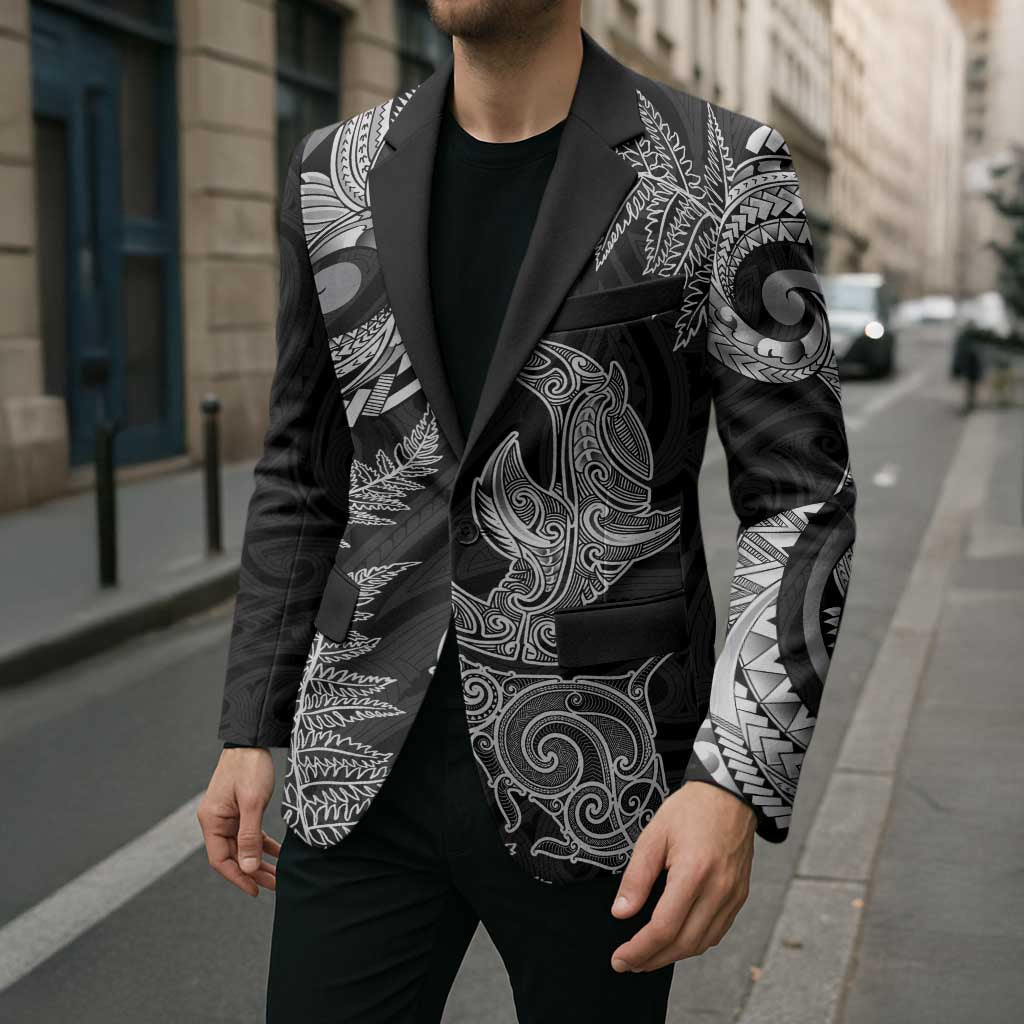 New Zealand Sea Animals with Maori Tribal Tattoo Blazer Shark Manta Ray with Silver Fern Black LT03 - Polynesian Pride