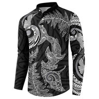 New Zealand Sea Animals with Maori Tribal Tattoo Button Sweatshirt Shark Manta Ray with Silver Fern Black LT03 - Polynesian Pride