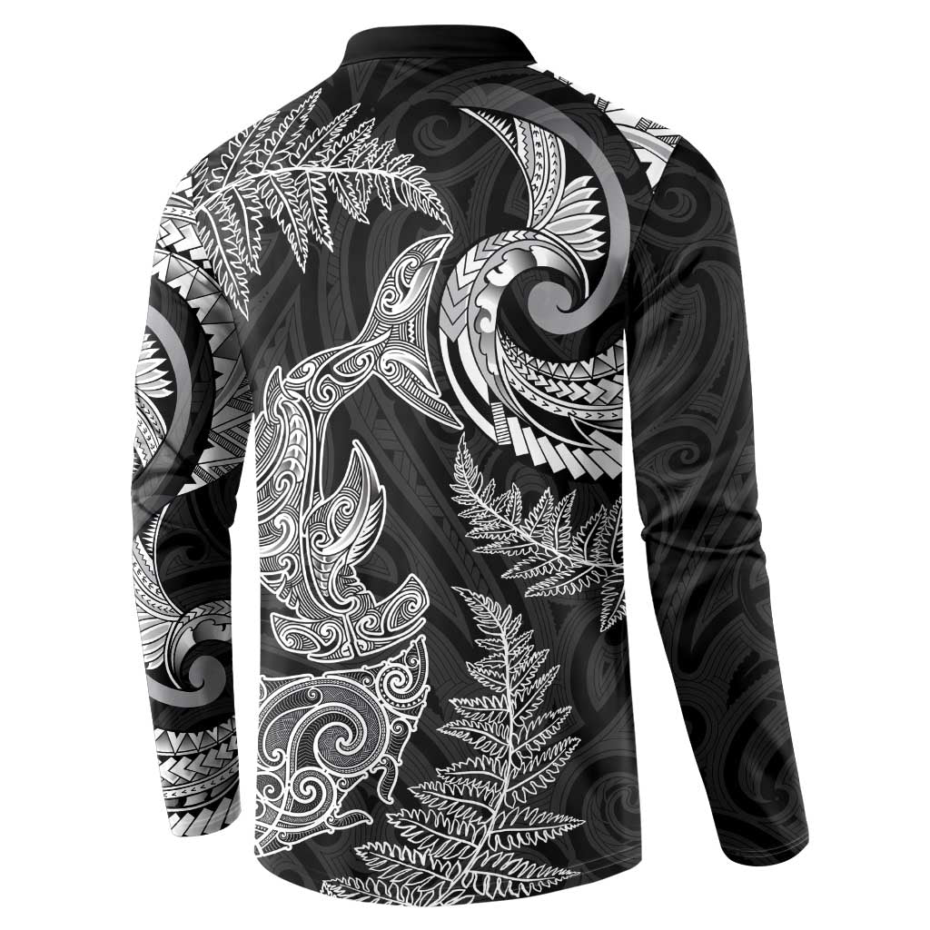 New Zealand Sea Animals with Maori Tribal Tattoo Button Sweatshirt Shark Manta Ray with Silver Fern Black LT03 - Polynesian Pride