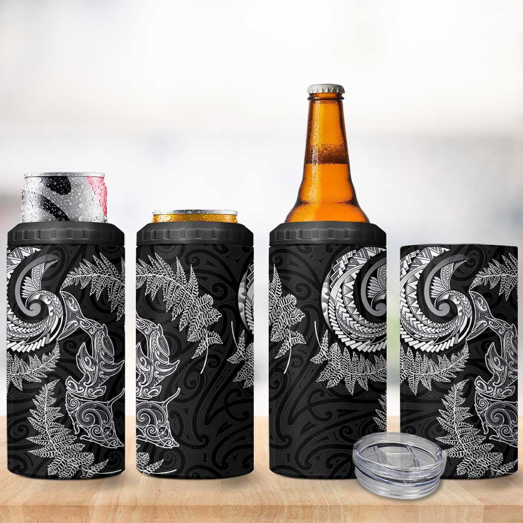 New Zealand Sea Animals with Maori Tribal Tattoo 4 in 1 Can Cooler Tumbler Shark Manta Ray with Silver Fern Black LT03 - Polynesian Pride