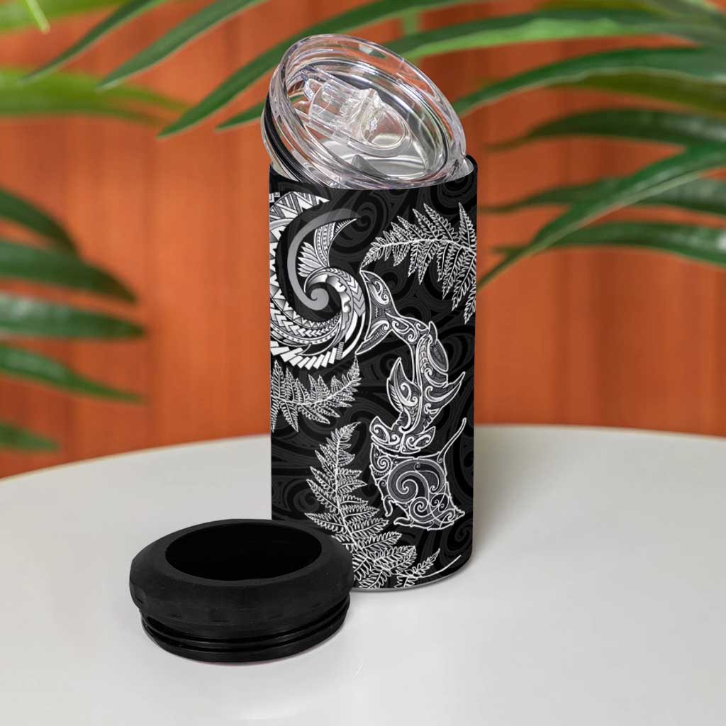 New Zealand Sea Animals with Maori Tribal Tattoo 4 in 1 Can Cooler Tumbler Shark Manta Ray with Silver Fern Black LT03 - Polynesian Pride