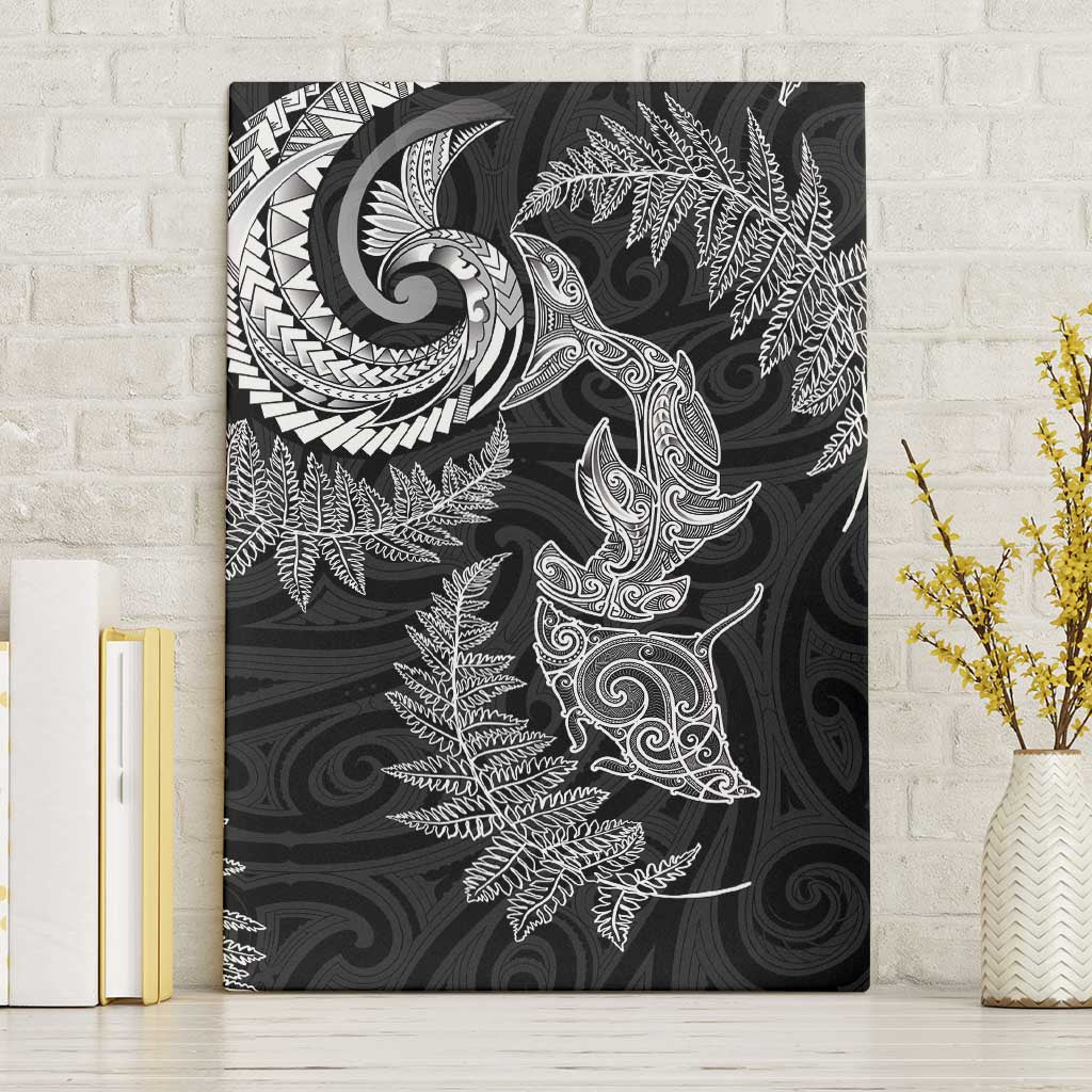 New Zealand Sea Animals with Maori Tribal Tattoo Canvas Wall Art Shark Manta Ray with Silver Fern Black LT03 Without Frame Black - Polynesian Pride