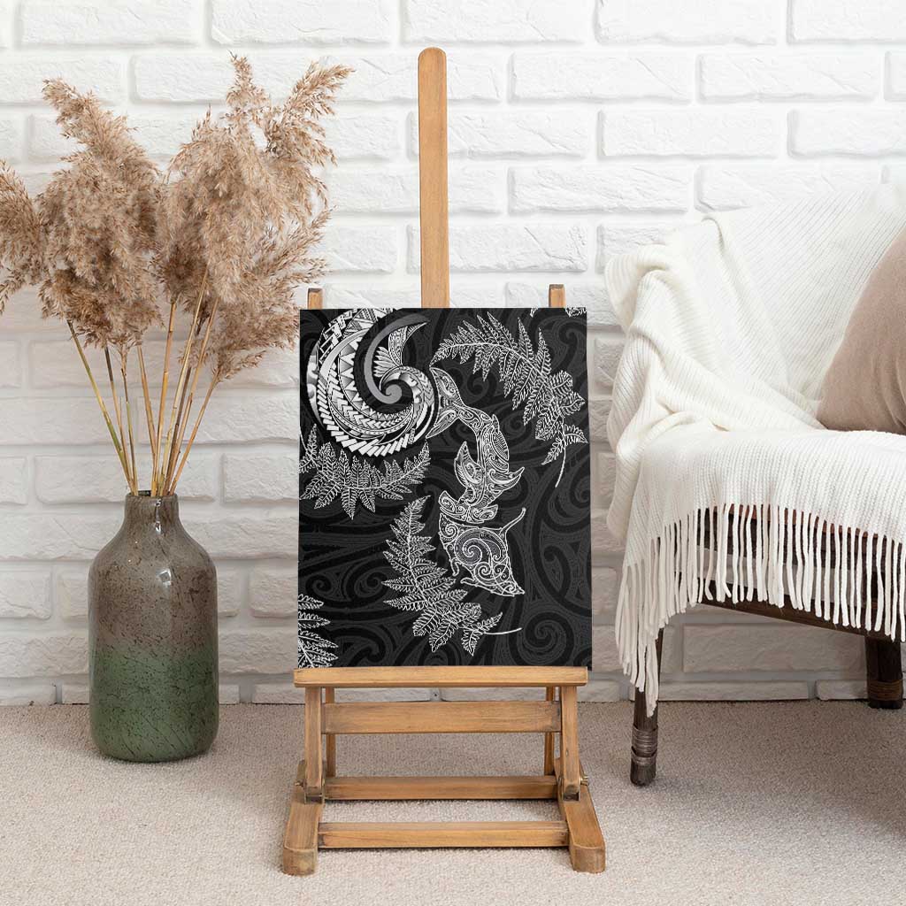 New Zealand Sea Animals with Maori Tribal Tattoo Canvas Wall Art Shark Manta Ray with Silver Fern Black LT03 - Polynesian Pride