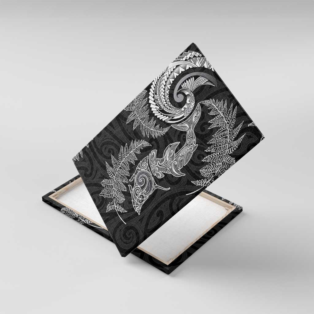 New Zealand Sea Animals with Maori Tribal Tattoo Canvas Wall Art Shark Manta Ray with Silver Fern Black LT03 With Frame Black - Polynesian Pride