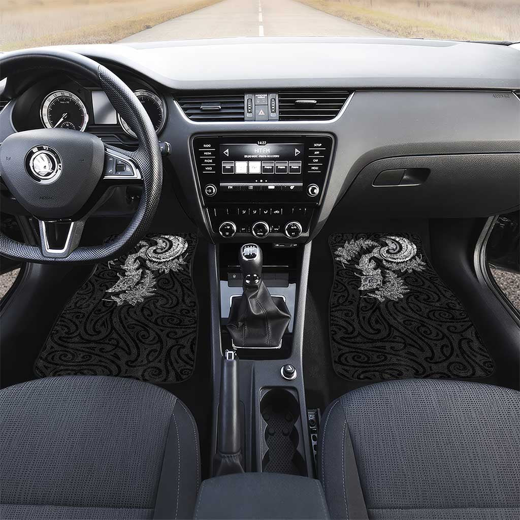 New Zealand Sea Animals with Maori Tribal Tattoo Car Mats Shark Manta Ray with Silver Fern Black LT03 Set 2pcs - Front Black - Polynesian Pride
