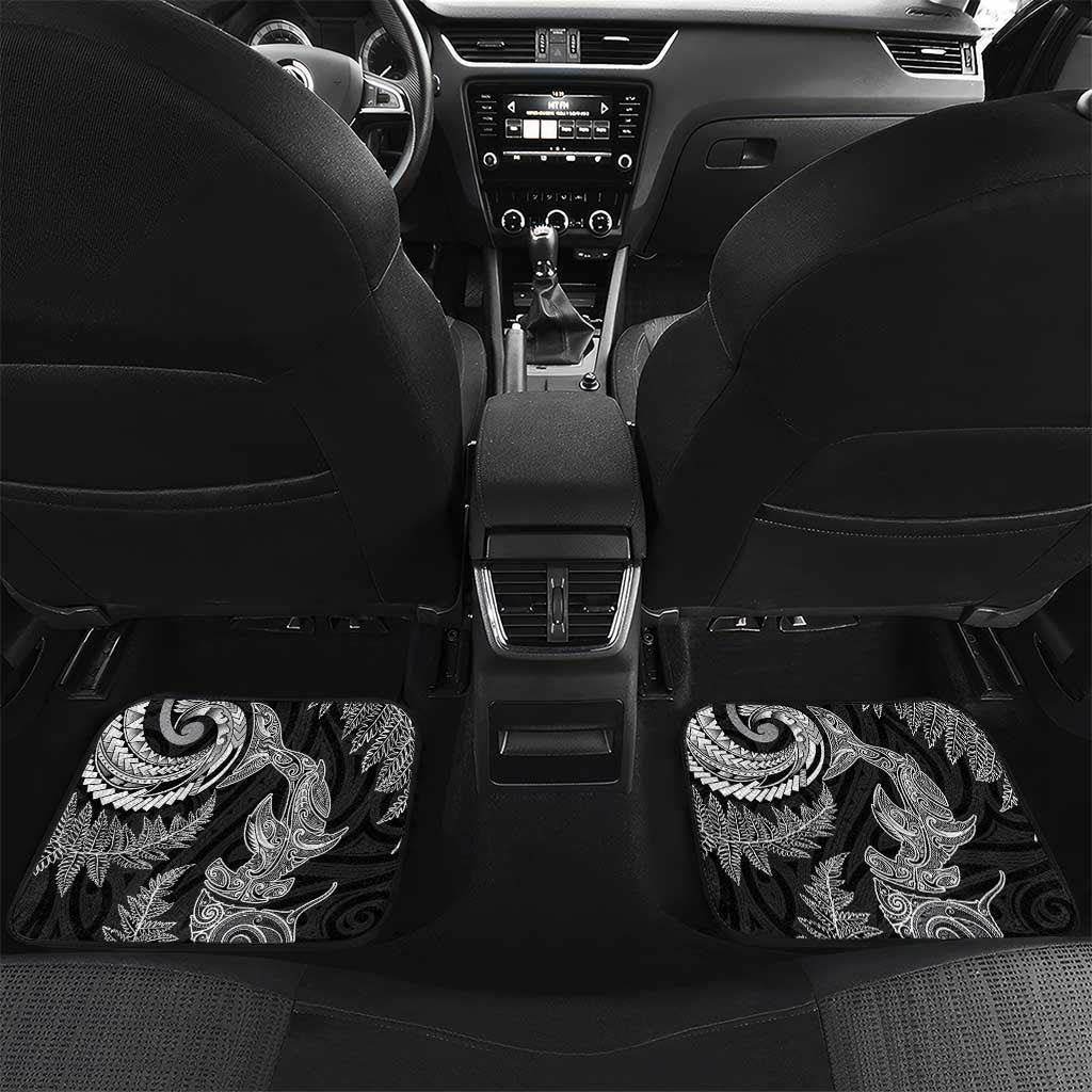 New Zealand Sea Animals with Maori Tribal Tattoo Car Mats Shark Manta Ray with Silver Fern Black LT03 Set 2pcs - Back Black - Polynesian Pride