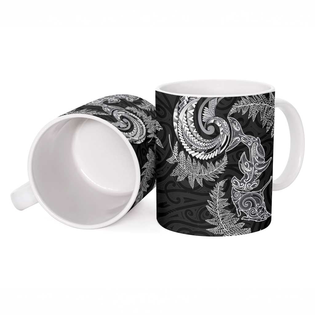 New Zealand Sea Animals with Maori Tribal Tattoo Ceramic Mug Shark Manta Ray with Silver Fern Black LT03 - Polynesian Pride