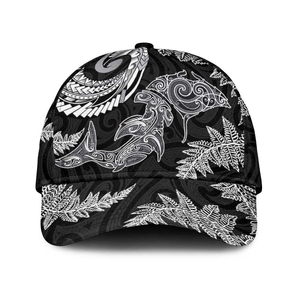 New Zealand Sea Animals with Maori Tribal Tattoo Classic Cap Shark Manta Ray with Silver Fern Black LT03 Universal Fit Black - Polynesian Pride