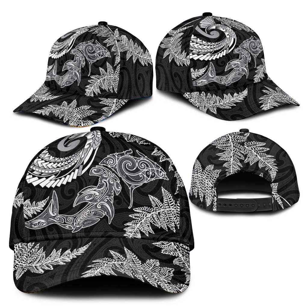 New Zealand Sea Animals with Maori Tribal Tattoo Classic Cap Shark Manta Ray with Silver Fern Black LT03 - Polynesian Pride