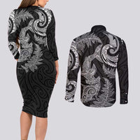 New Zealand Sea Animals with Maori Tribal Tattoo Couples Matching Long Sleeve Bodycon Dress and Long Sleeve Button Shirt Shark Manta Ray with Silver Fern Black LT03 - Polynesian Pride
