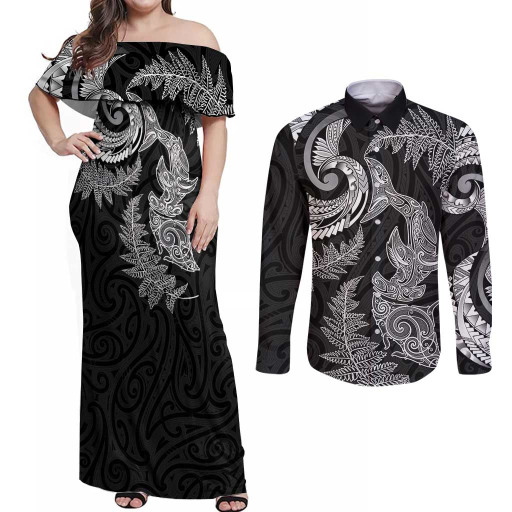 New Zealand Sea Animals with Maori Tribal Tattoo Couples Matching Off Shoulder Maxi Dress and Long Sleeve Button Shirt Shark Manta Ray with Silver Fern Black