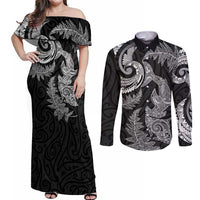 New Zealand Sea Animals with Maori Tribal Tattoo Couples Matching Off Shoulder Maxi Dress and Long Sleeve Button Shirt Shark Manta Ray with Silver Fern Black LT03 Black - Polynesian Pride