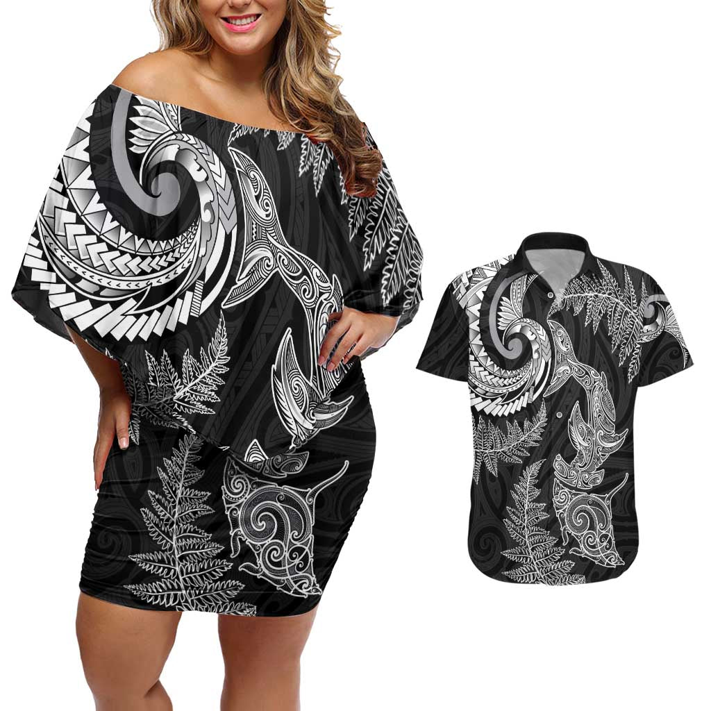 New Zealand Sea Animals with Maori Tribal Tattoo Couples Matching Off Shoulder Short Dress and Hawaiian Shirt Shark Manta Ray with Silver Fern Black
