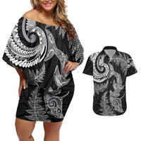 New Zealand Sea Animals with Maori Tribal Tattoo Couples Matching Off Shoulder Short Dress and Hawaiian Shirt Shark Manta Ray with Silver Fern Black LT03 Black - Polynesian Pride
