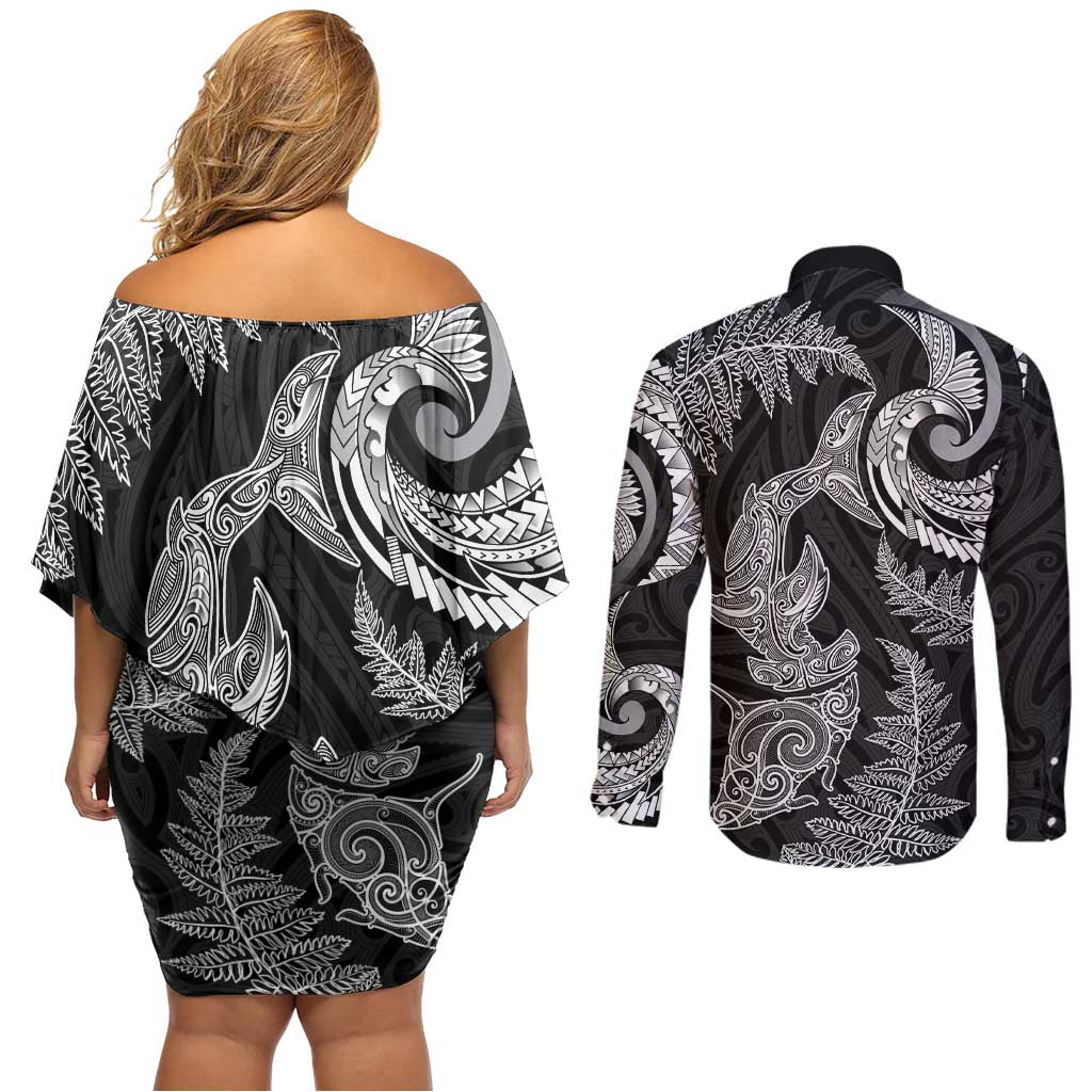 New Zealand Sea Animals with Maori Tribal Tattoo Couples Matching Off Shoulder Short Dress and Long Sleeve Button Shirt Shark Manta Ray with Silver Fern Black LT03 - Polynesian Pride