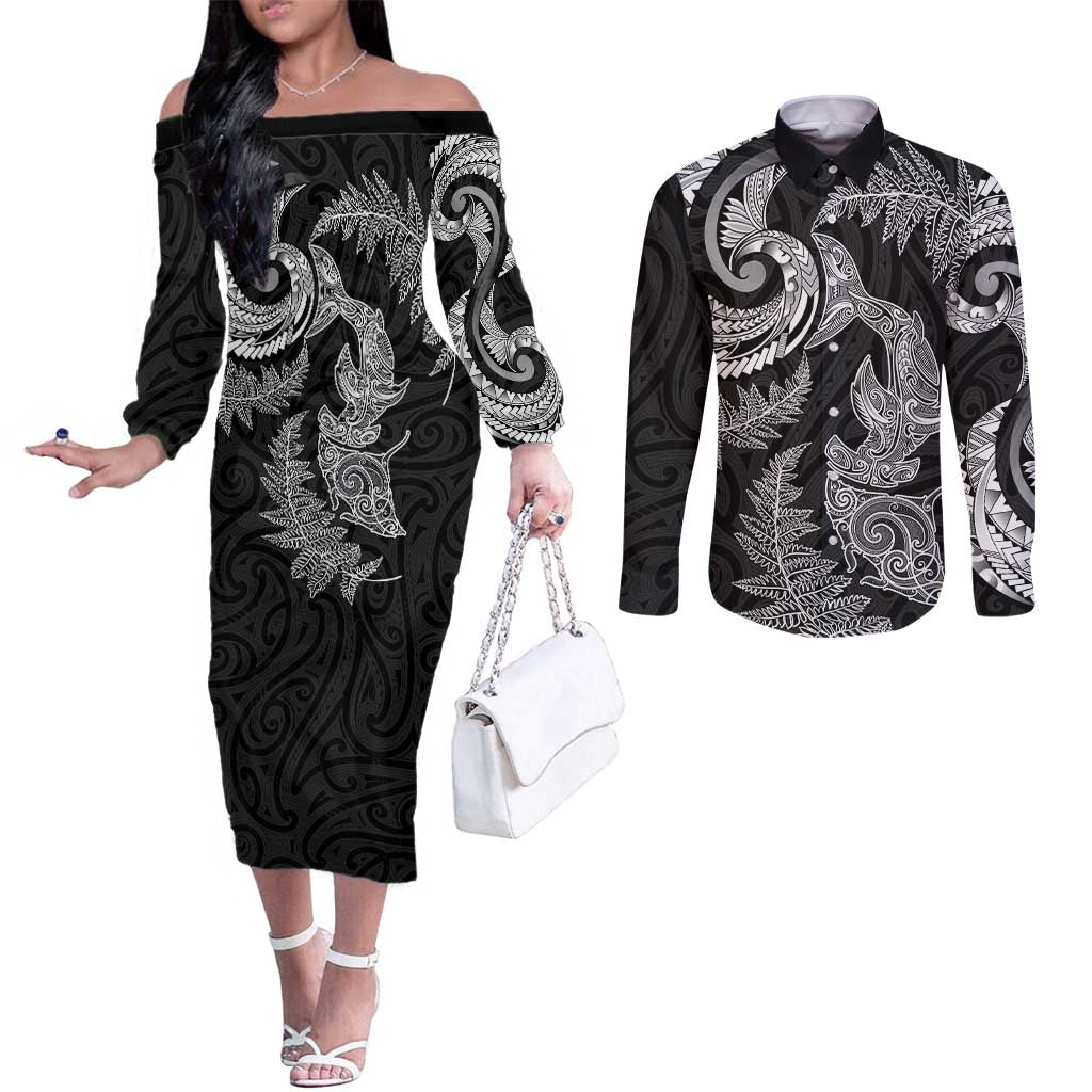 New Zealand Sea Animals with Maori Tribal Tattoo Couples Matching Off The Shoulder Long Sleeve Dress and Long Sleeve Button Shirt Shark Manta Ray with Silver Fern Black LT03 Black - Polynesian Pride