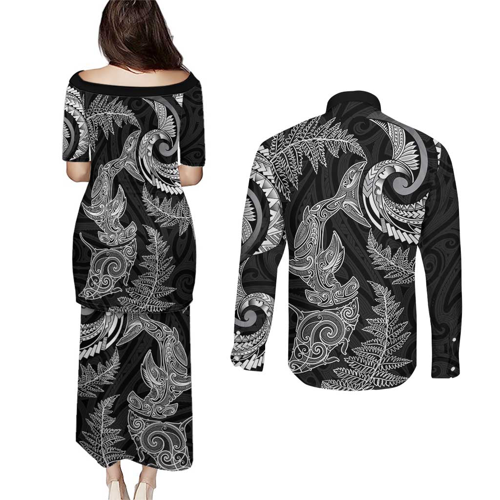 New Zealand Sea Animals with Maori Tribal Tattoo Couples Matching Puletasi and Long Sleeve Button Shirt Shark Manta Ray with Silver Fern Black LT03 - Polynesian Pride