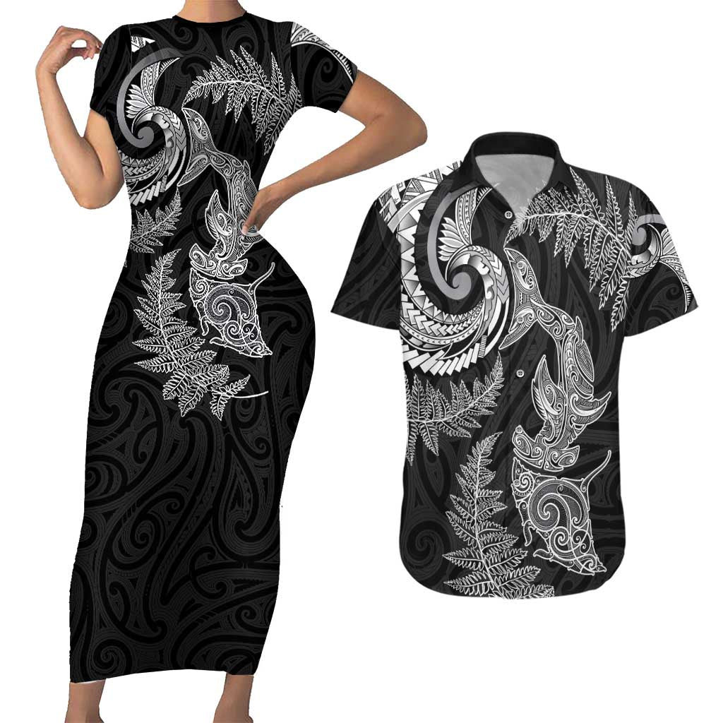 New Zealand Sea Animals with Maori Tribal Tattoo Couples Matching Short Sleeve Bodycon Dress and Hawaiian Shirt Shark Manta Ray with Silver Fern Black