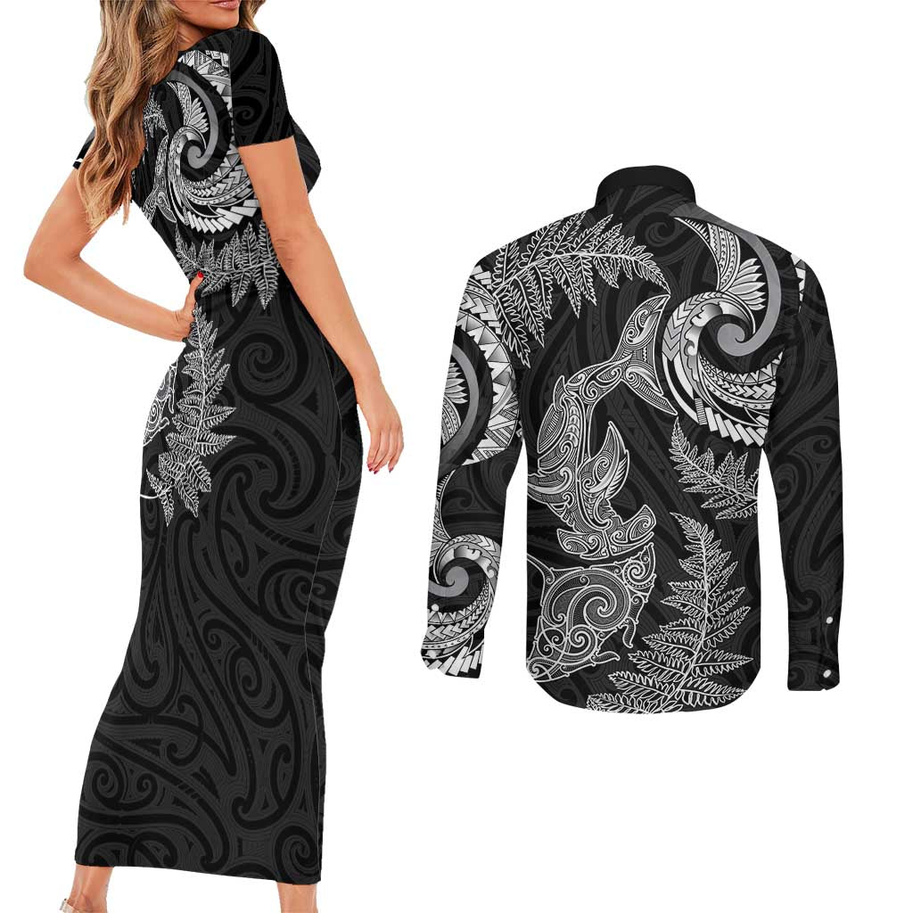 New Zealand Sea Animals with Maori Tribal Tattoo Couples Matching Short Sleeve Bodycon Dress and Long Sleeve Button Shirt Shark Manta Ray with Silver Fern Black LT03 - Polynesian Pride