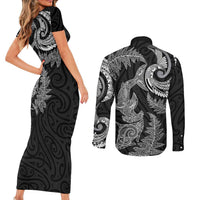 New Zealand Sea Animals with Maori Tribal Tattoo Couples Matching Short Sleeve Bodycon Dress and Long Sleeve Button Shirt Shark Manta Ray with Silver Fern Black LT03 - Polynesian Pride