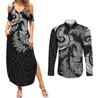 New Zealand Sea Animals with Maori Tribal Tattoo Couples Matching Summer Maxi Dress and Long Sleeve Button Shirt Shark Manta Ray with Silver Fern Black LT03 Black - Polynesian Pride