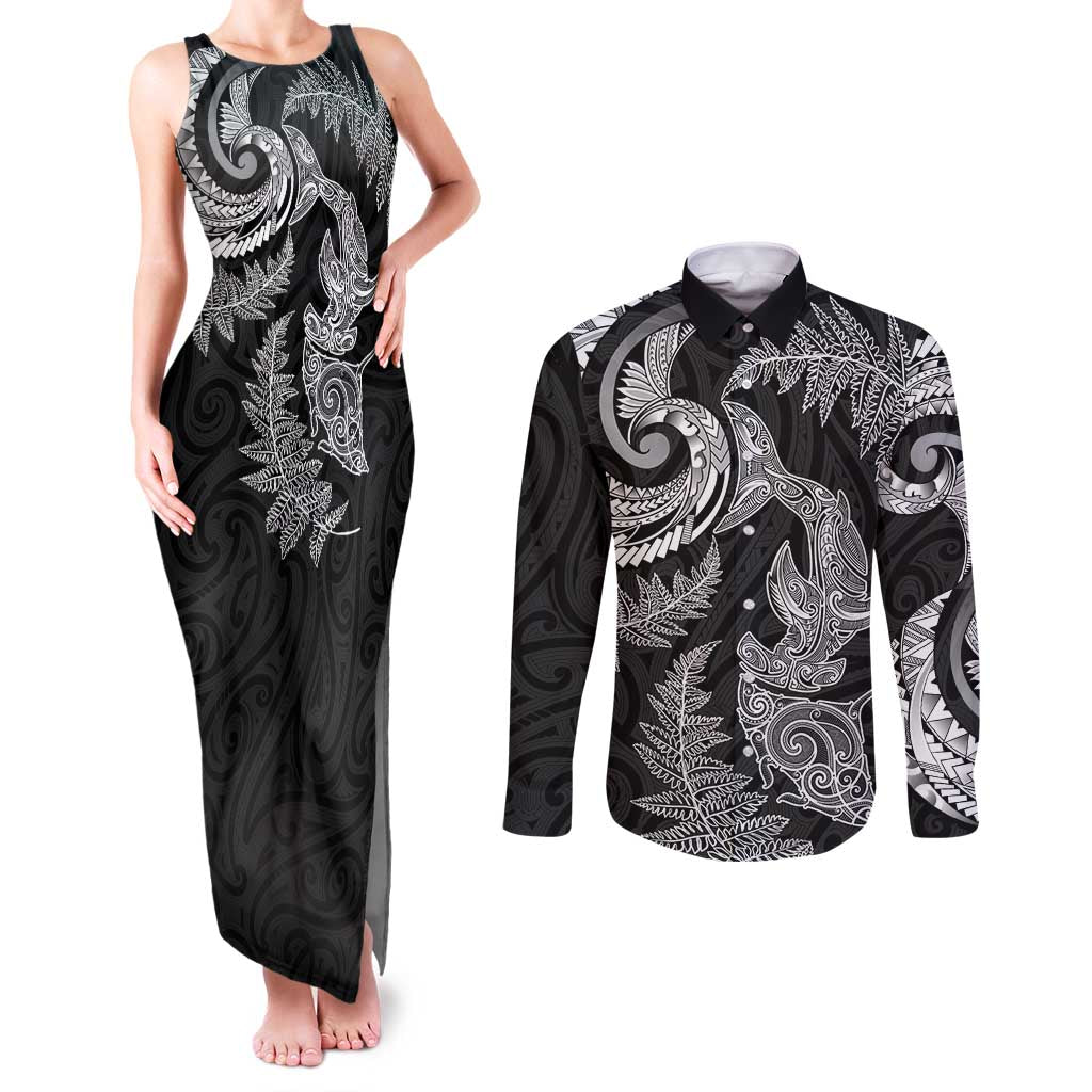 New Zealand Sea Animals with Maori Tribal Tattoo Couples Matching Tank Maxi Dress and Long Sleeve Button Shirt Shark Manta Ray with Silver Fern Black LT03 Black - Polynesian Pride