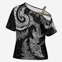 New Zealand Sea Animals with Maori Tribal Tattoo Cross Shoulder Shirt Shark Manta Ray with Silver Fern Black LT03 Female Black - Polynesian Pride
